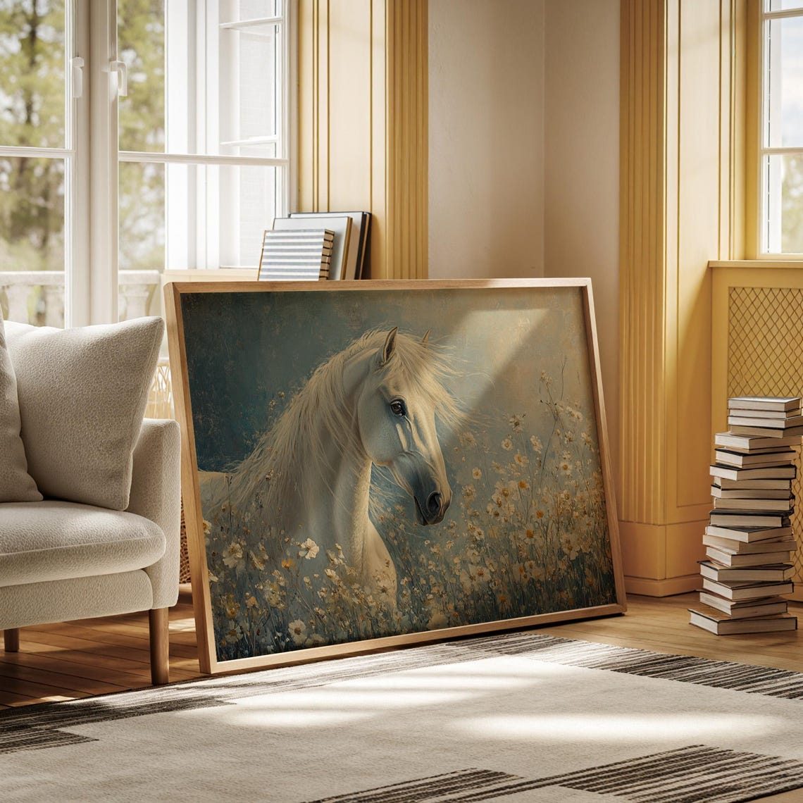 White Horse Daisy Meadow Portrait Elegant Equine Fine Art Print - Image 6