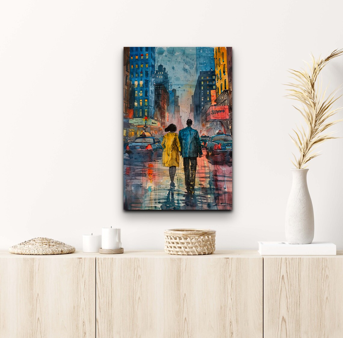 Romantic Couple In New York City Rain Watercolor Cityscape Wall Art - Image 7