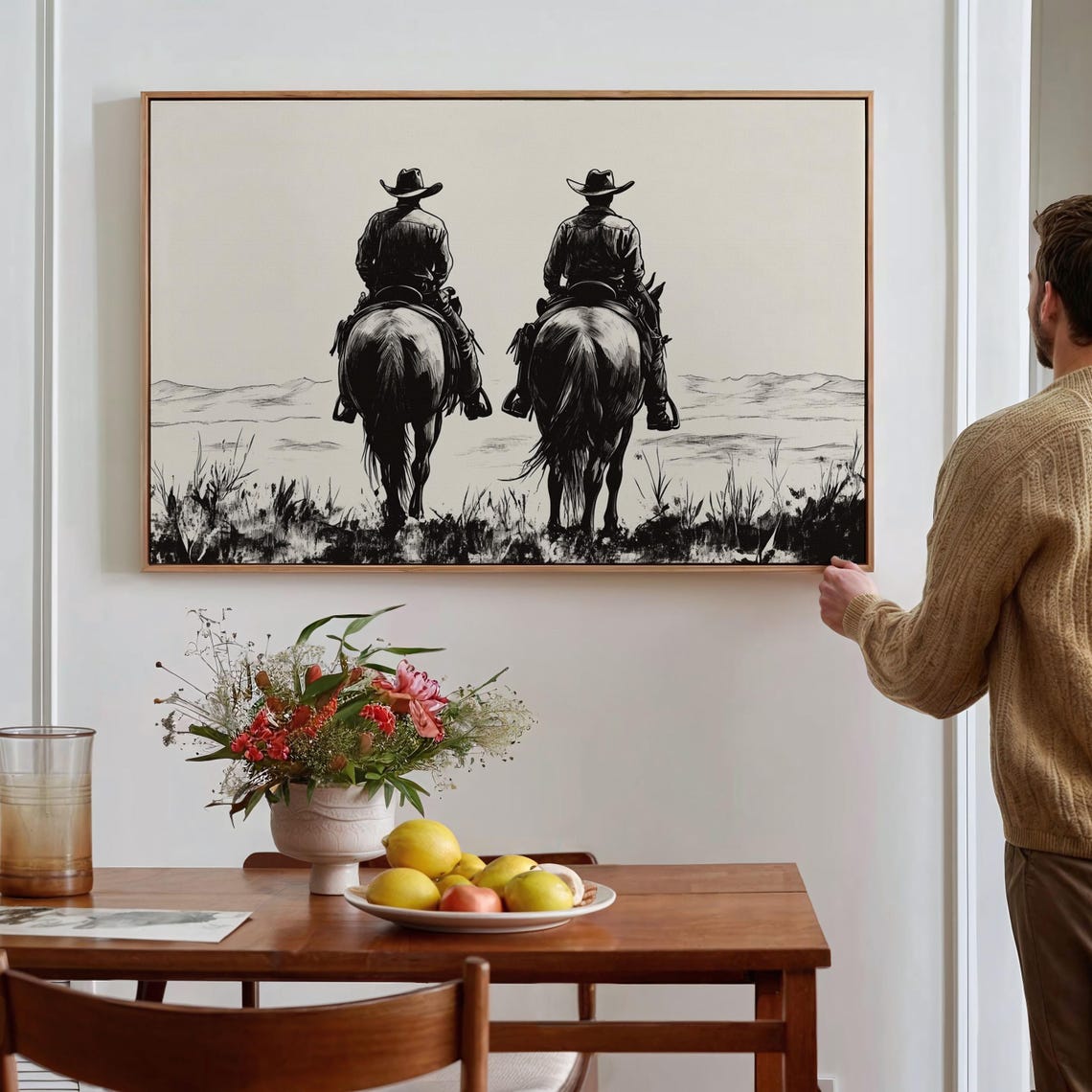 Cowboys On Horseback Western Line Art Print Black And White Cowboy Decor Rustic Ranch Wall Art - Image 2