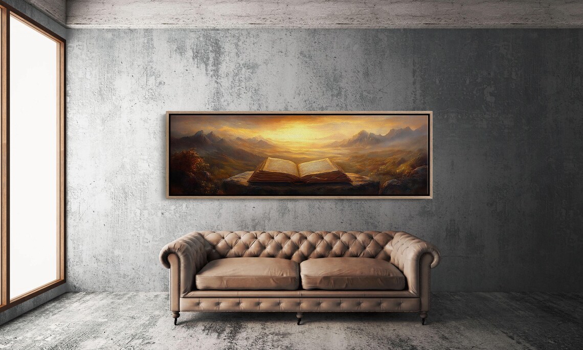 Open Bible On Mountain Cliff Golden Sunrise Christian Art Print