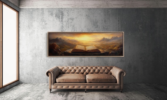 Open Bible On Mountain Cliff Golden Sunrise Christian Art Print