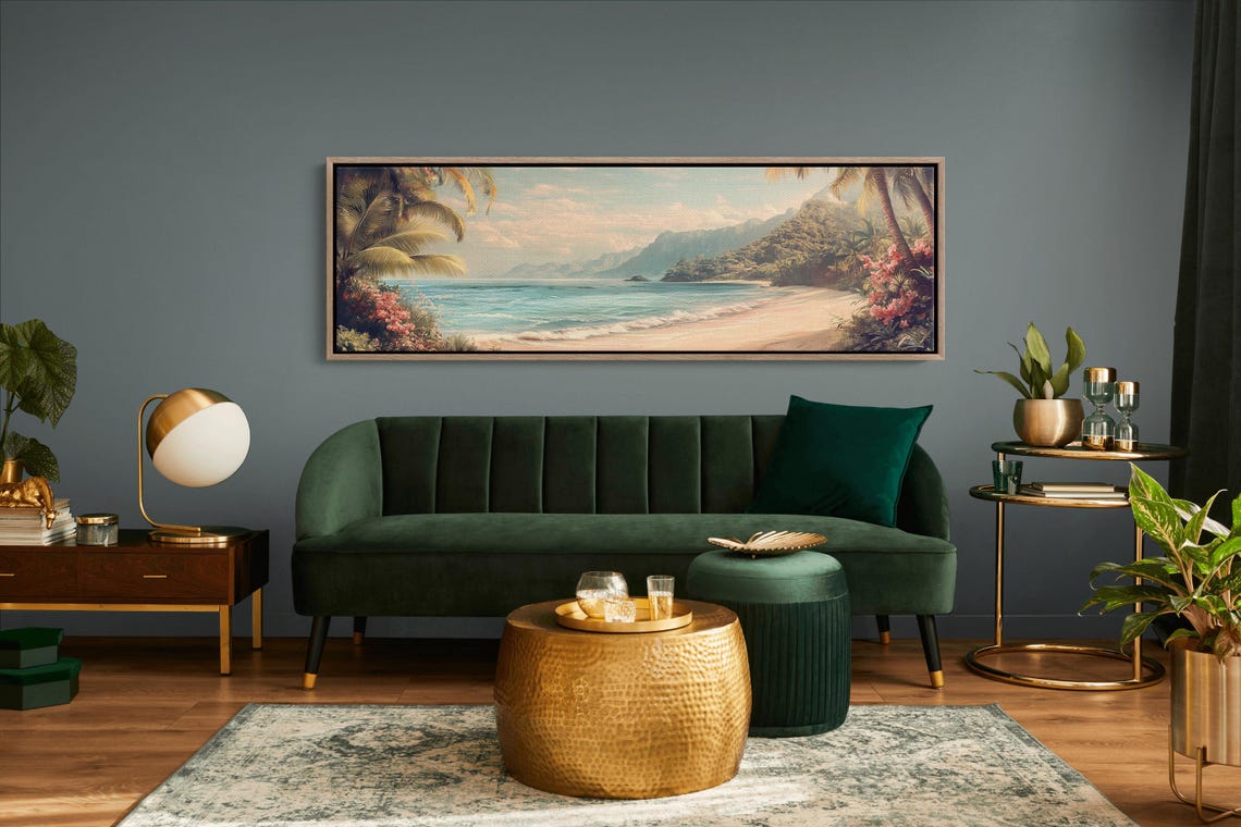 Tropical Beach Art Vintage Coastal Landscape Print Palm Trees Ocean Wall Decor Island Paradise Panoramic Painting - Image 4