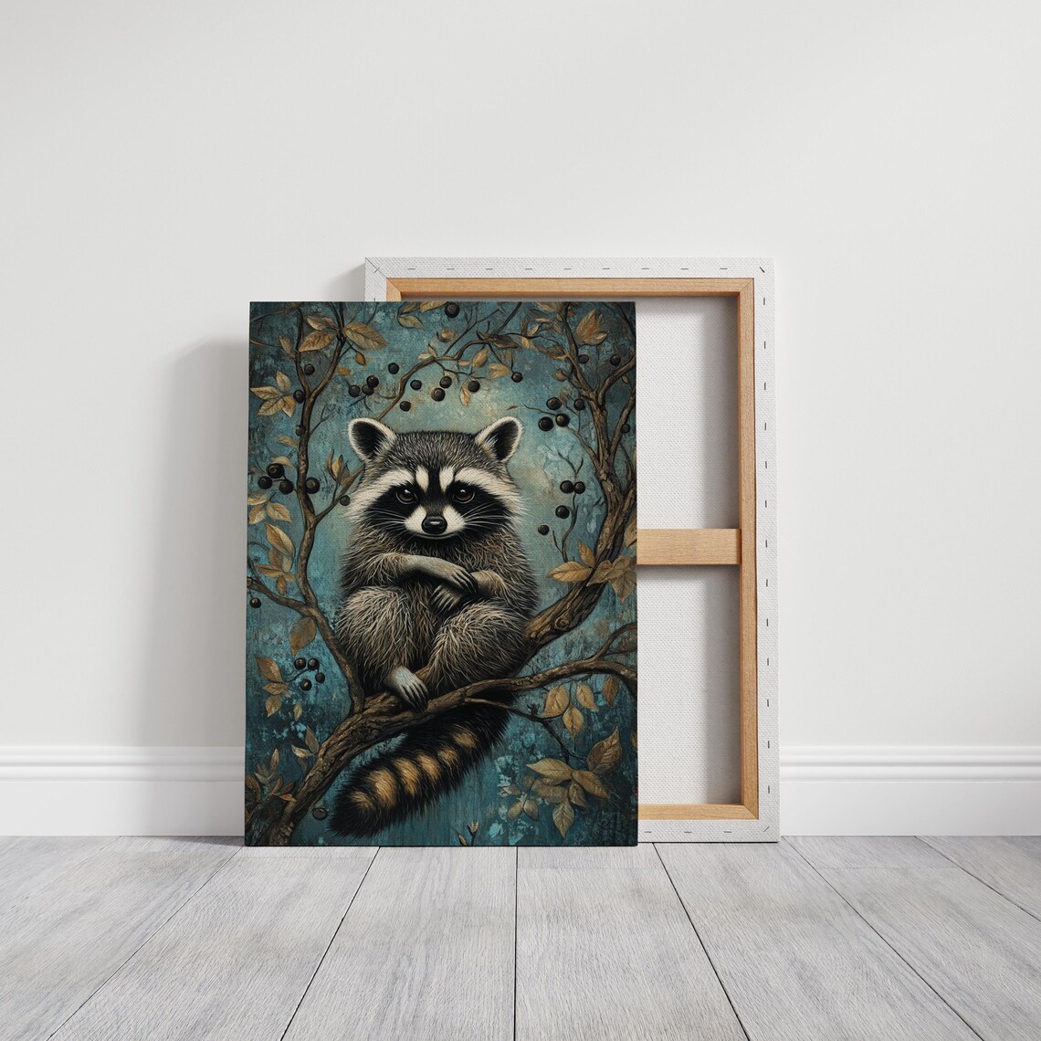 Raccoon Sitting on Branch With Berries Turquoise Wildlife Poster - Image 3
