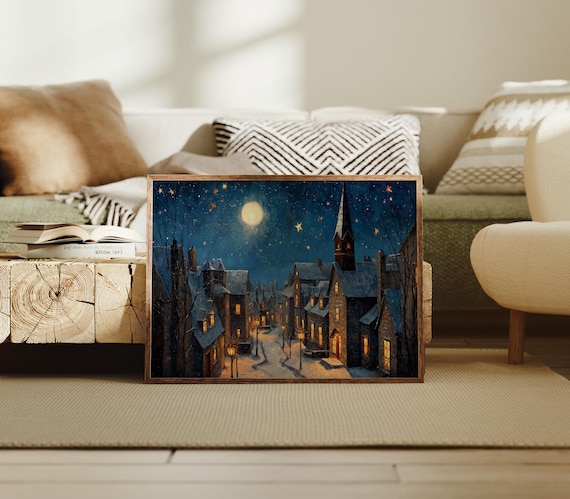 Moonlit Christmas Village Night Church Glowing Windows Painting Poster