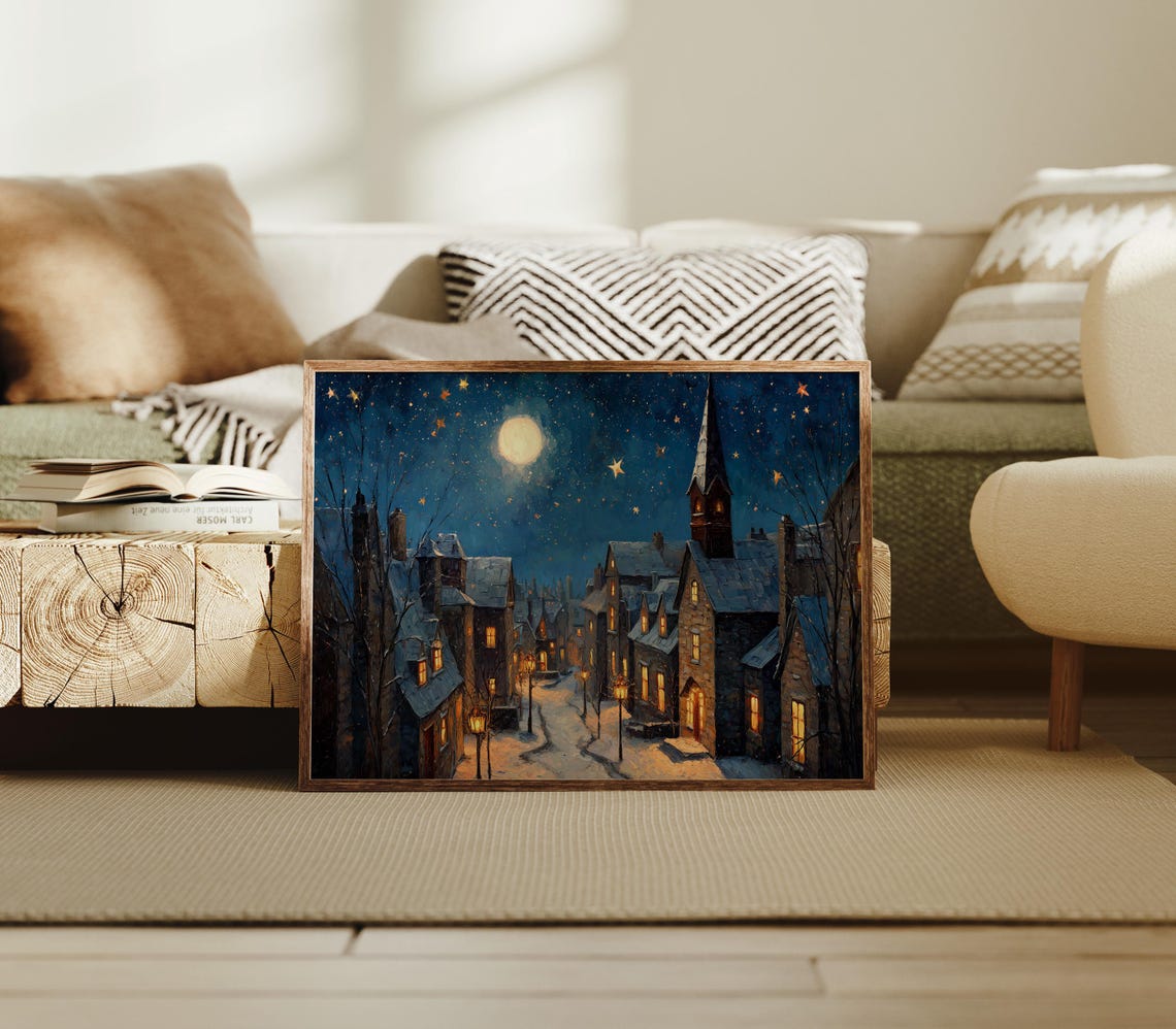 Moonlit Christmas Village Night Church Glowing Windows Painting Poster