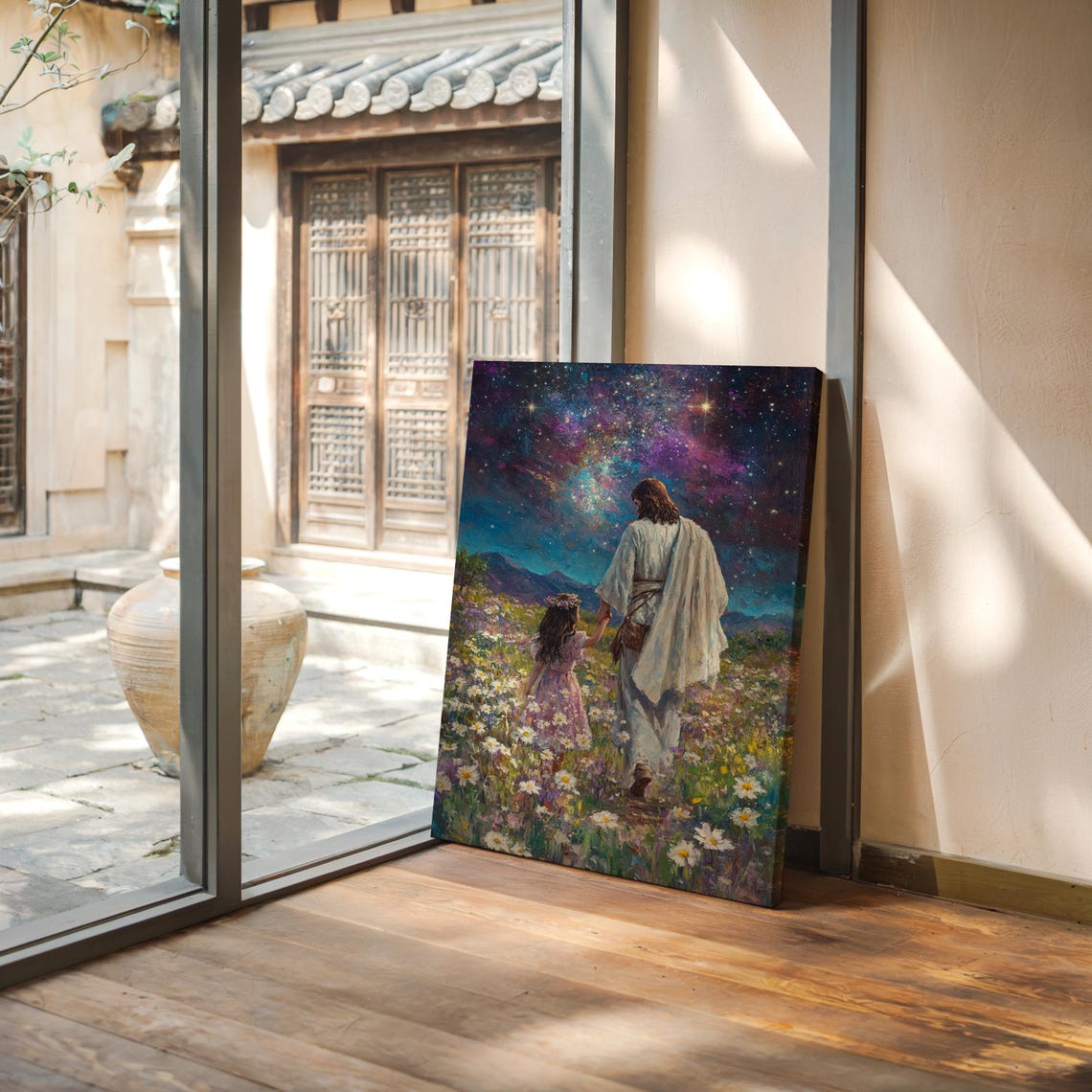Jesus Holding Child's Hand Under Starry Night Sky Christian Poster - Image 4
