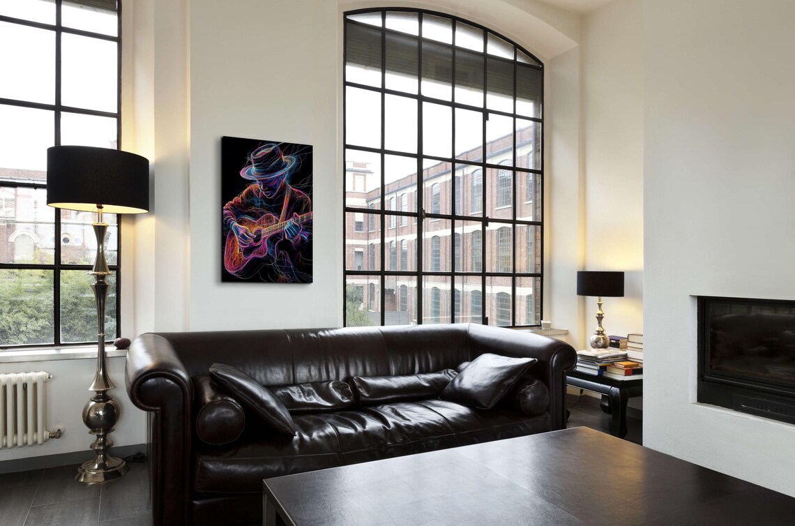 Neon Line Art Acoustic Guitarist Bowing Low Over Guitar Poster - Image 5