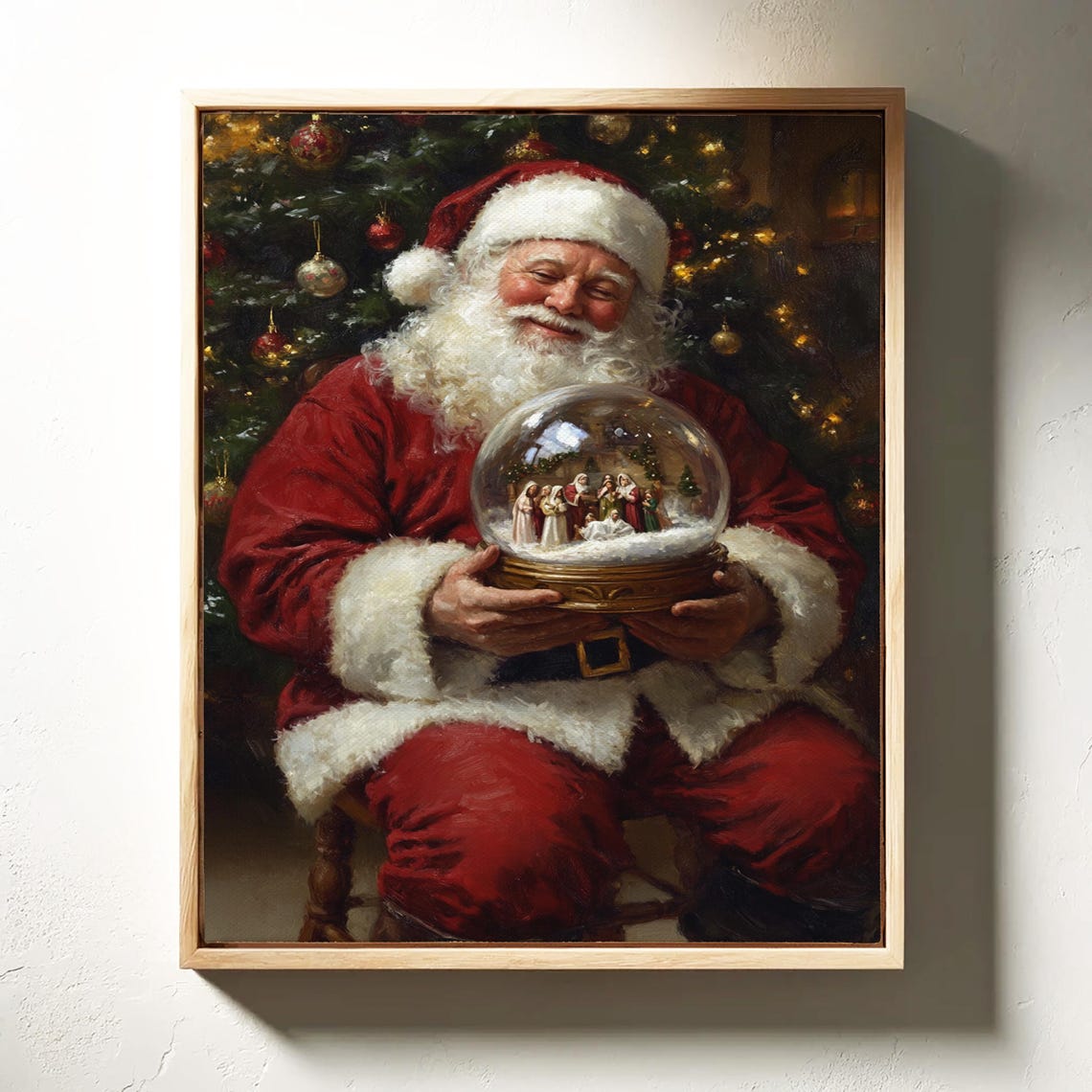 Santa Claus Gazing At Nativity Snow Globe Vintage Christmas Art Poster
