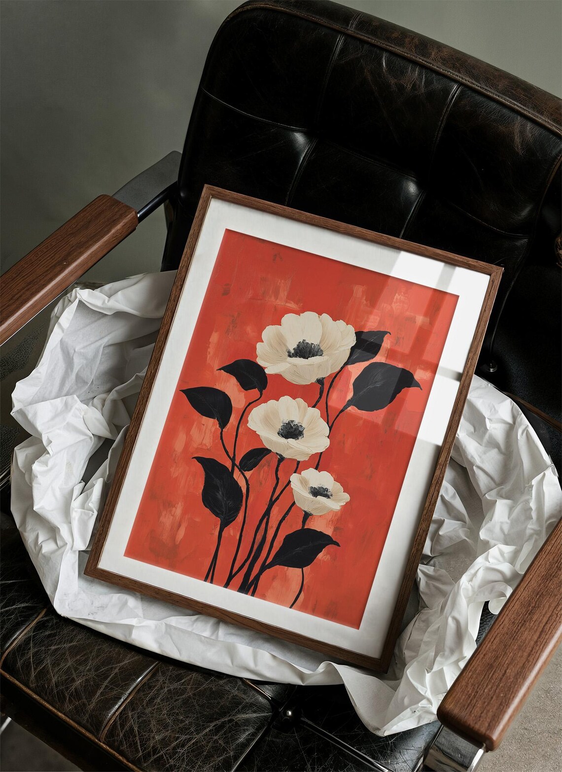 Ivory Blooms Against Fiery Red Art Print