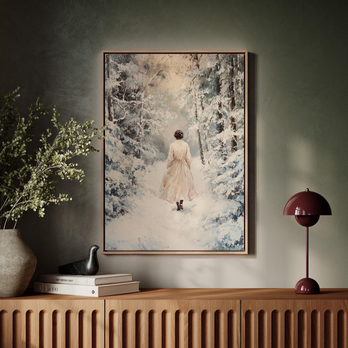 Woman Walking Into Snowy Pine Forest Path Serene Winter Scene Poster - Image 5