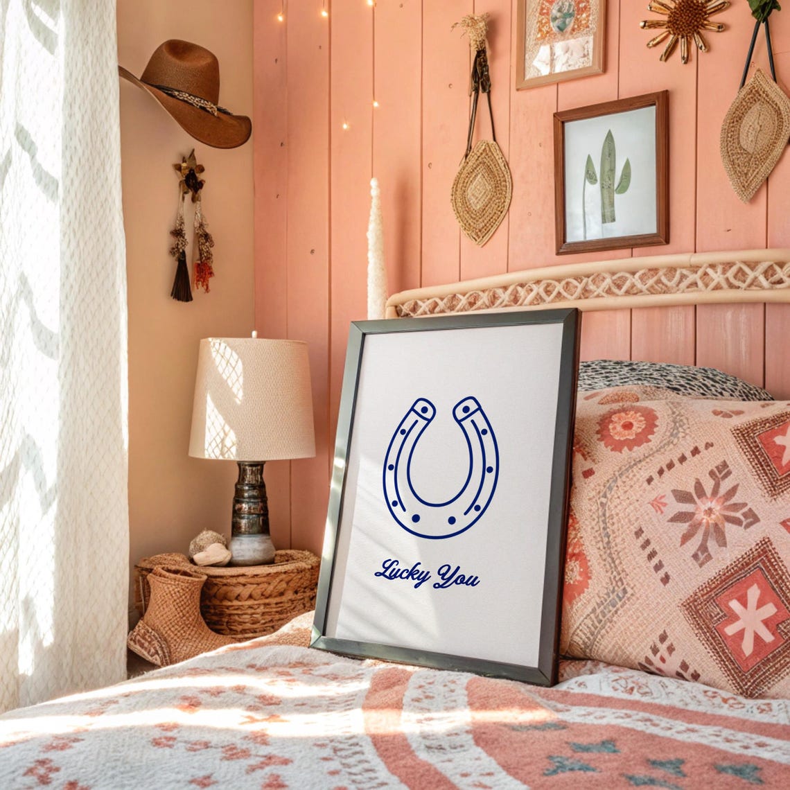 Simple Blue Horseshoe Lucky You Script Minimalist Western Poster