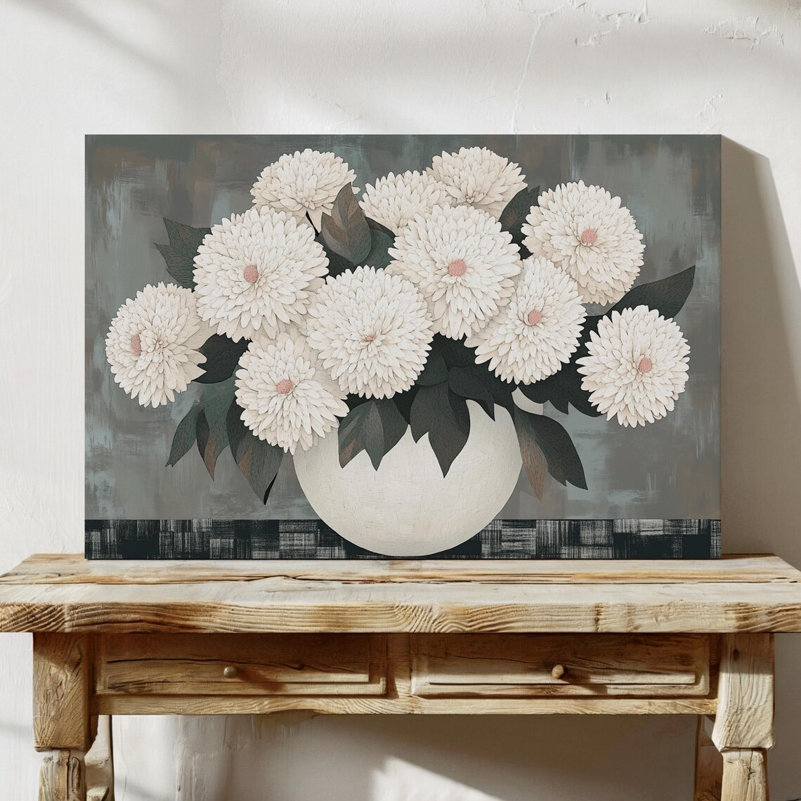 White Chrysanthemum Bouquet Elegant Floral Vase Painting Wall Poster