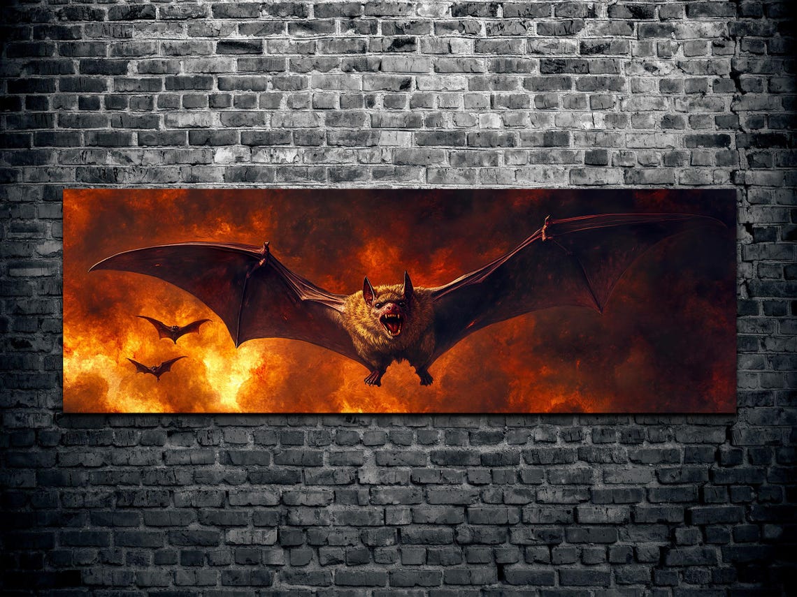 Giant Vampire Bat Fiery Sunset Sky Panoramic Halloween Art Poster - Image 2