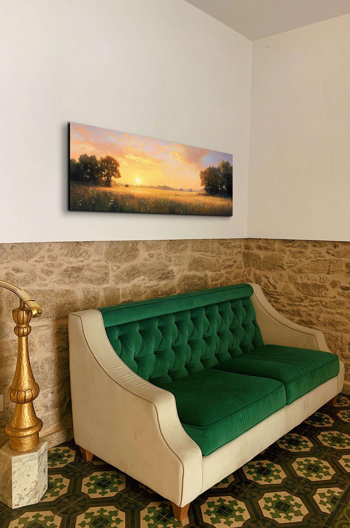 Sun Setting Over Golden Meadow Wildflowers Panoramic Oil Poster - Image 7