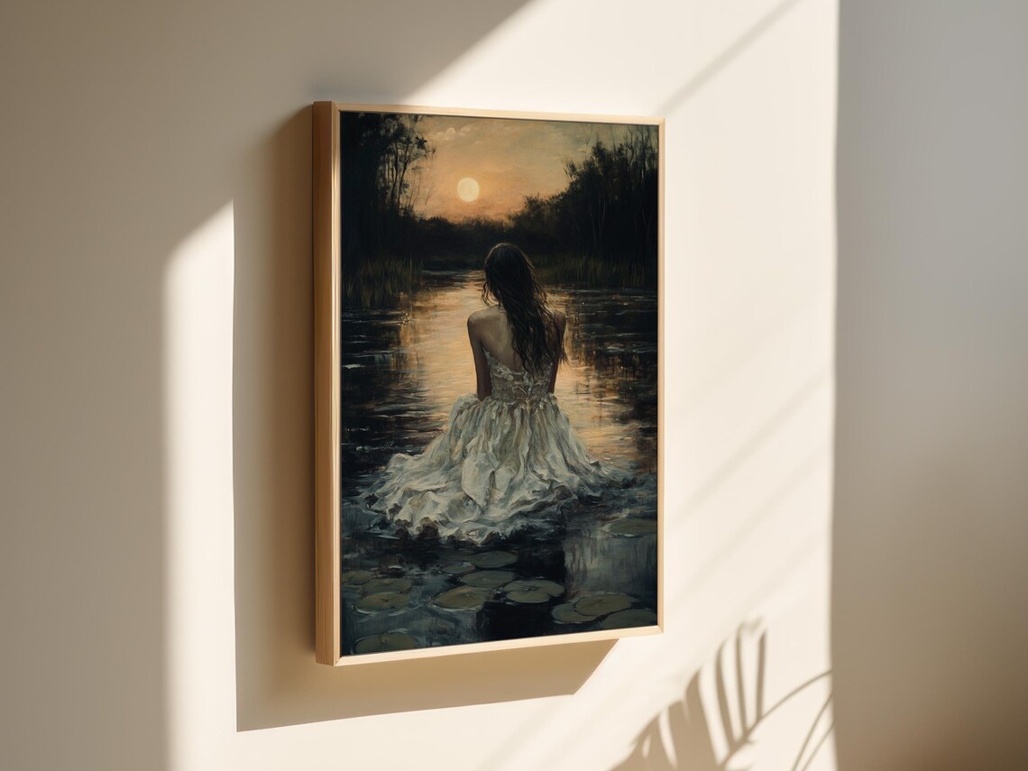 Ethereal Woman by Moonlit Lake, Vintage Art Print - Image 3