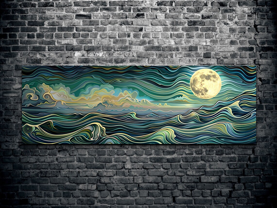 Abstract Ocean Waves Under A Full Moon Art Print - Image 2