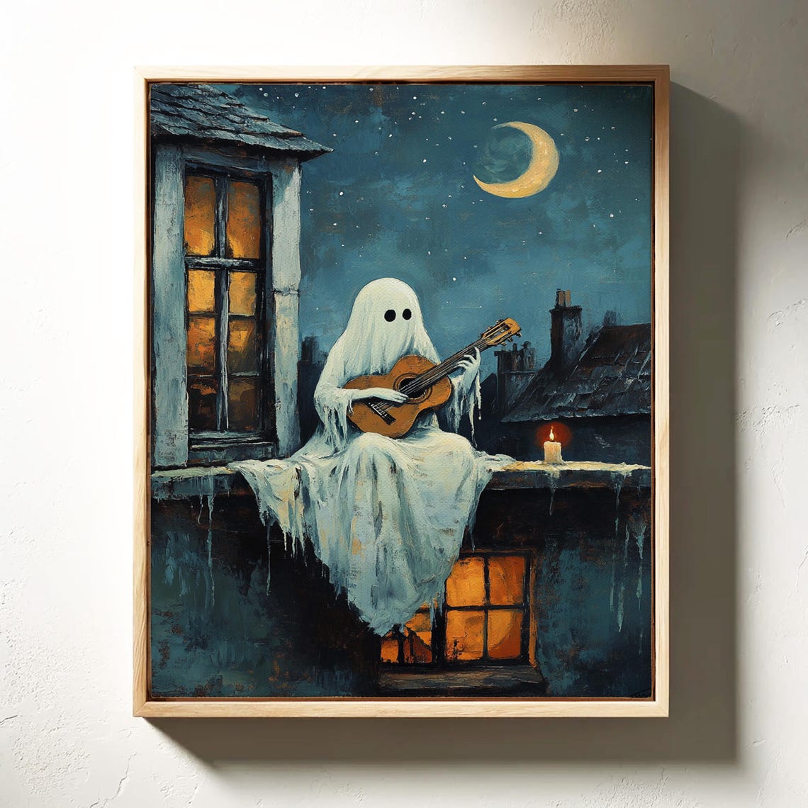 Cute Ghost Playing Guitar on a Rooftop Under Crescent Moon Poster - Image 7