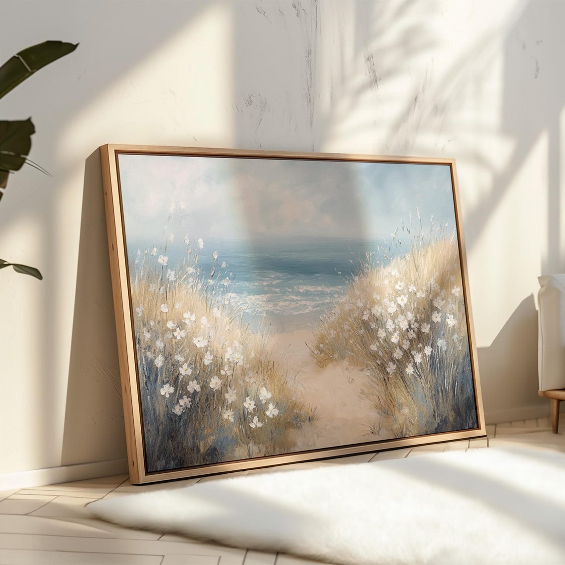 Serene Coastal Dune Path With White Wildflowers Beach Poster