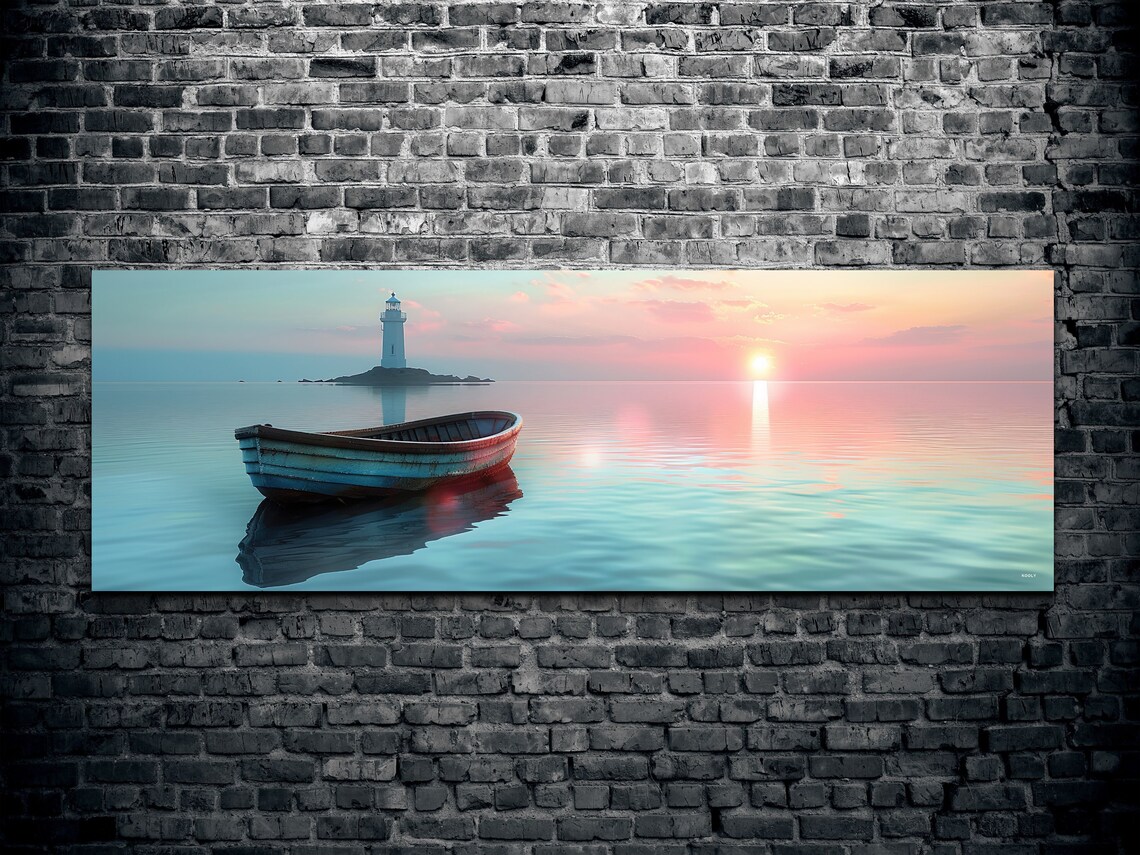 Wooden Rowboat on Calm Water With a Distant Lighthouse Panoramic Poster - Image 2