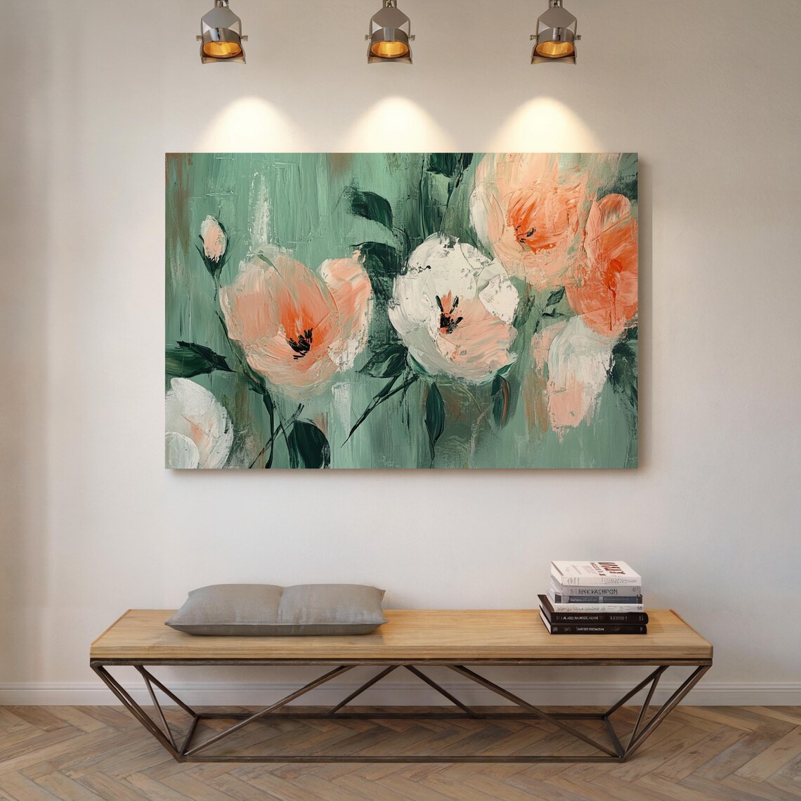 Peach White Poppy Blooms On Sage Green Modern Floral Art Poster - Image 5