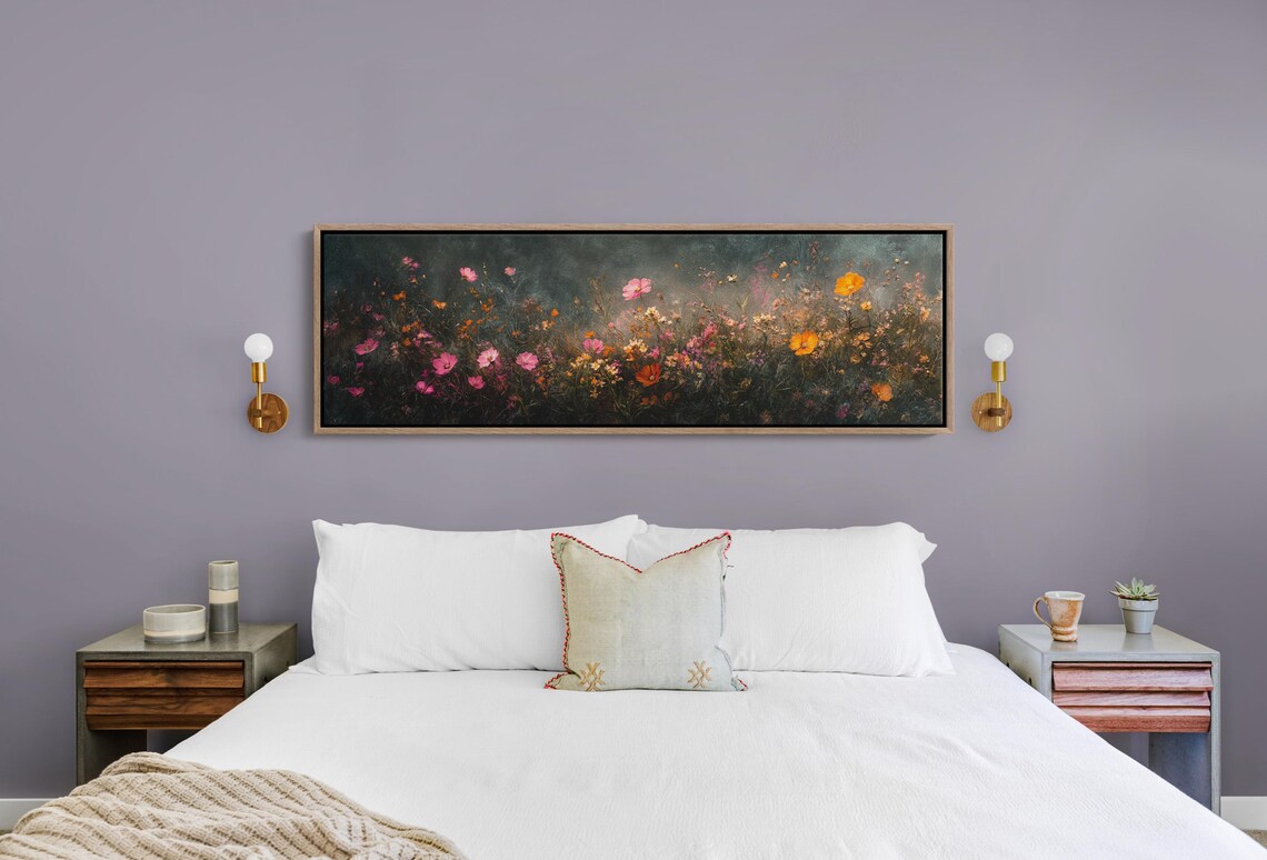 Moody Dark Wildflower Field Pink Cosmos Orange Poppies Vintage Poster - Image 5