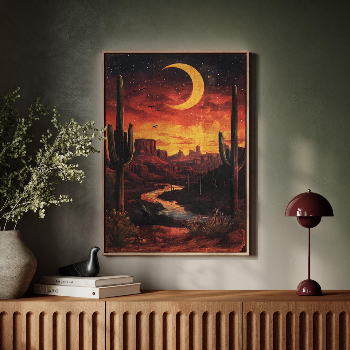 Desert Canyon Under Giant Crescent Moon River Landscape Poster - Image 5