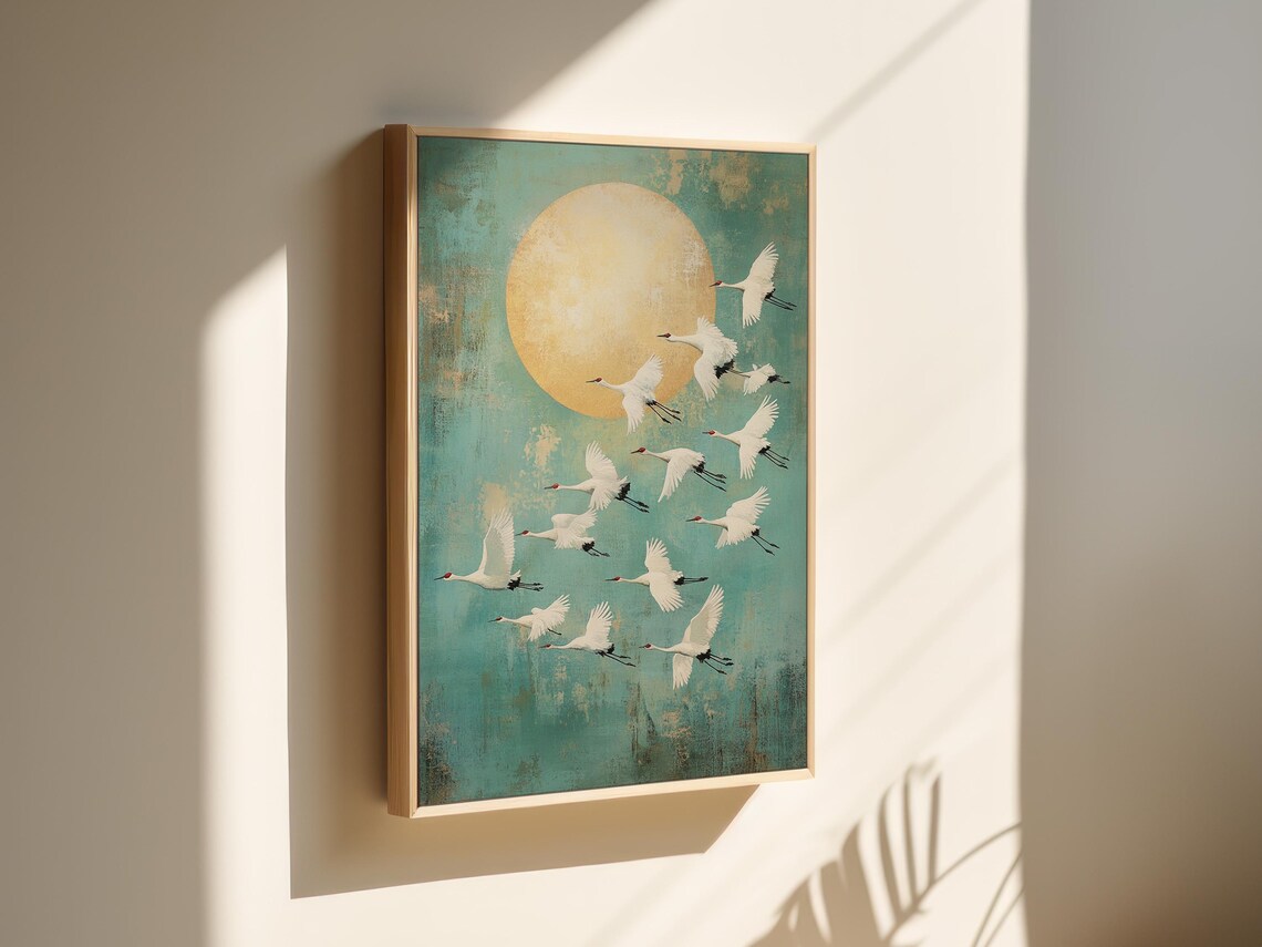 Flock of White Cranes Flying Across a Golden Sun Teal Sky Poster - Image 5