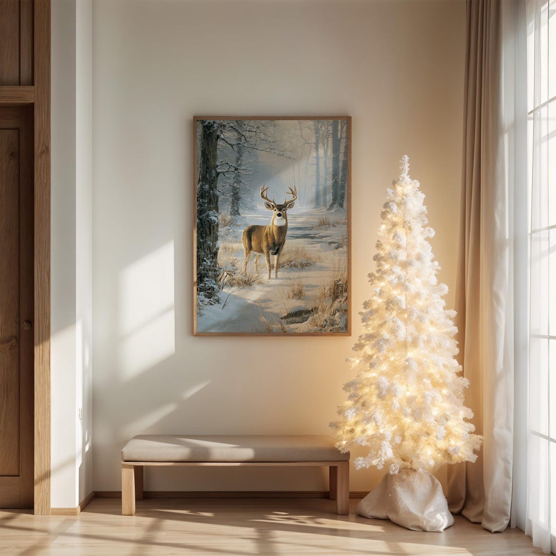 Majestic Deer Buck In Snowy Forest Clearing Winter Art Poster