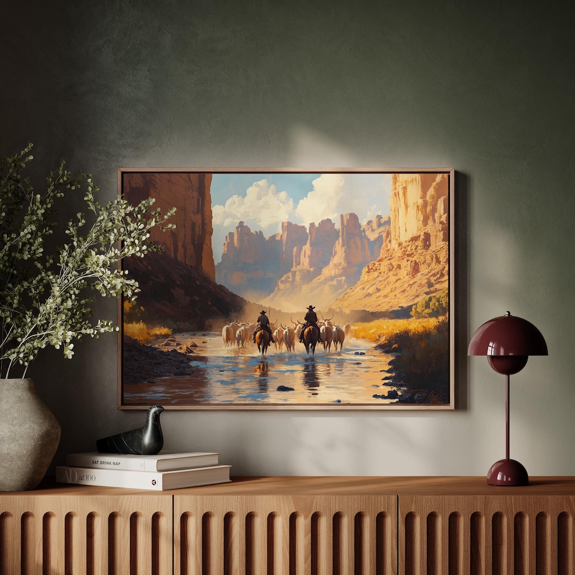 Cowboys Herding Cattle in Canyon, Vintage Southwest Art Print - Image 4