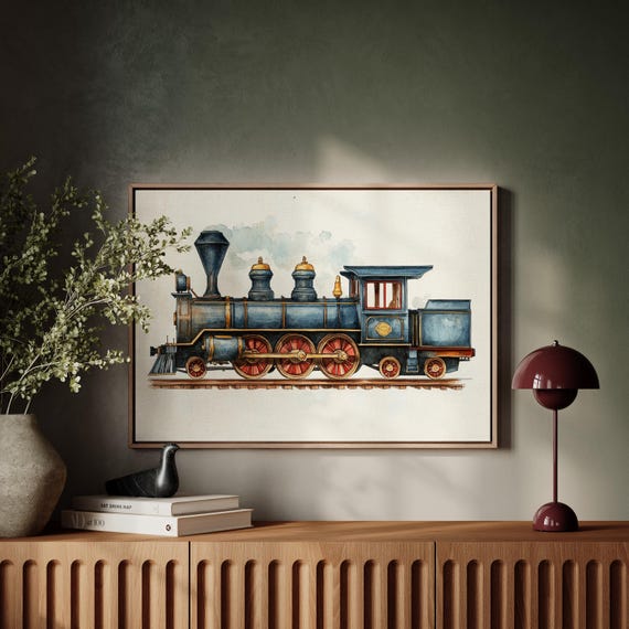 Vintage Train Watercolor Art Print, Rustic Nursery