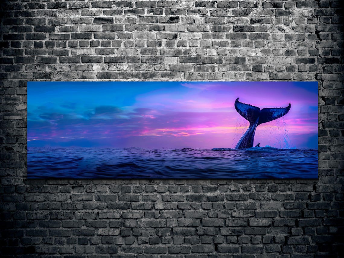 Whale Tail Silhouette Purple Sunset Ocean Panoramic View Poster - Image 2