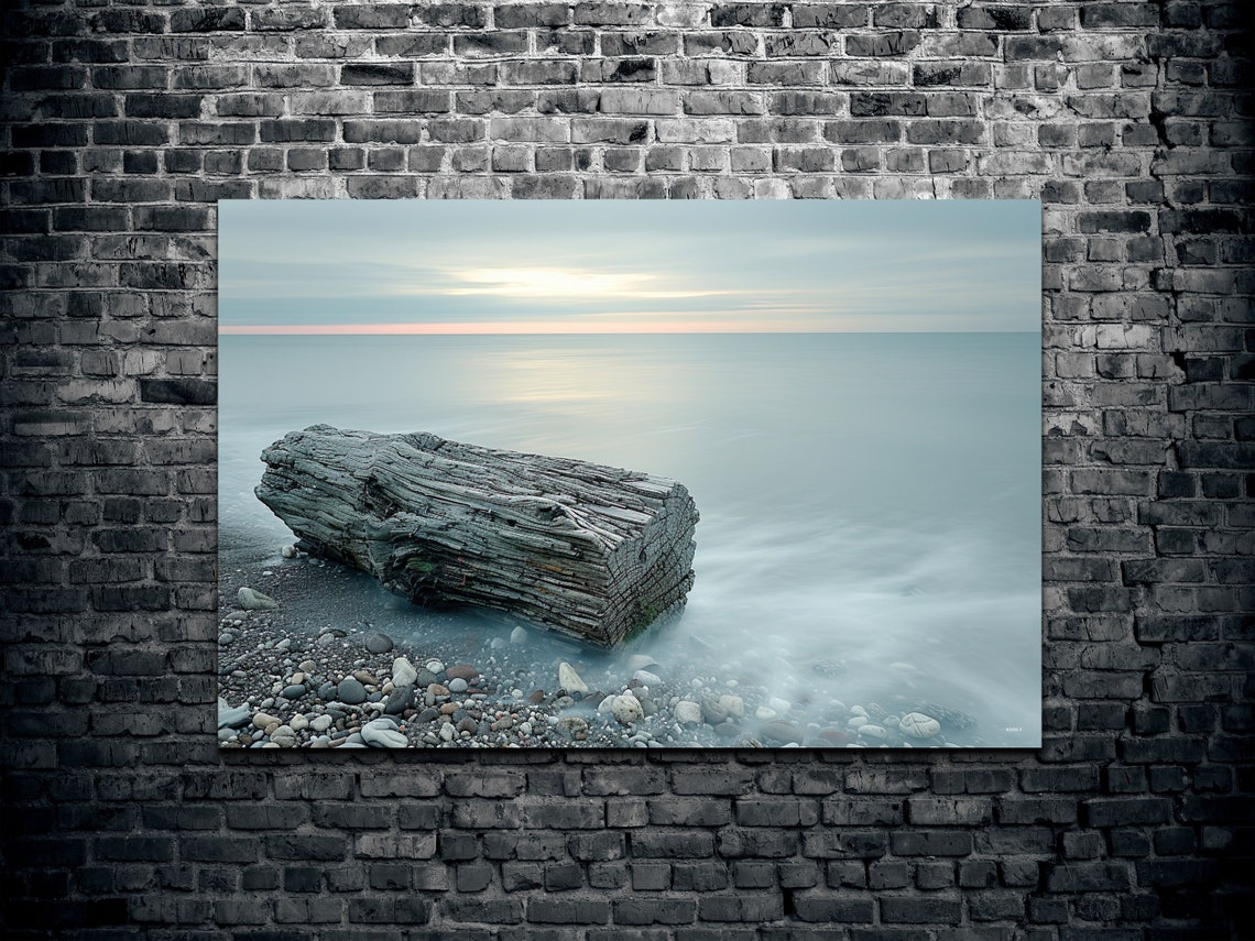 Weathered Driftwood Log On Rocky Shore Misty Ocean Sunrise Wall Art - Image 2