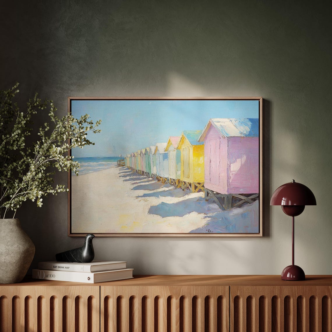 Pastel Beach Huts Shoreline Colorful Coastal Oil Painting Poster - Image 5