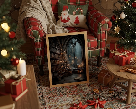 Christmas Tree Gothic Library Poster Candlelight Holiday Decor