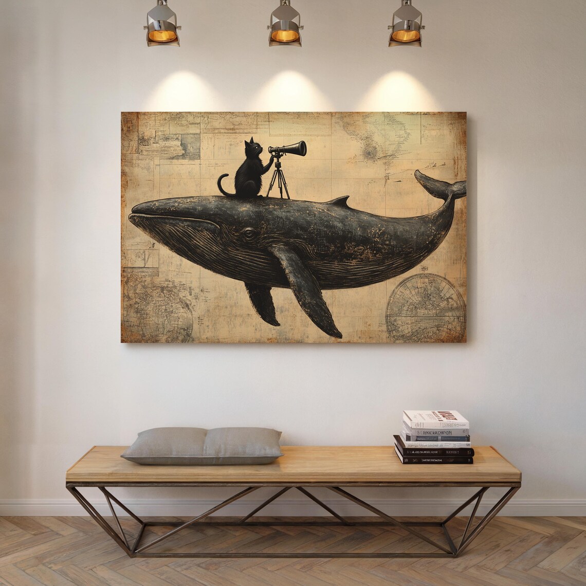 Black Cat With Telescope Riding Whale Surreal Vintage Nautical Animal Poster - Image 5