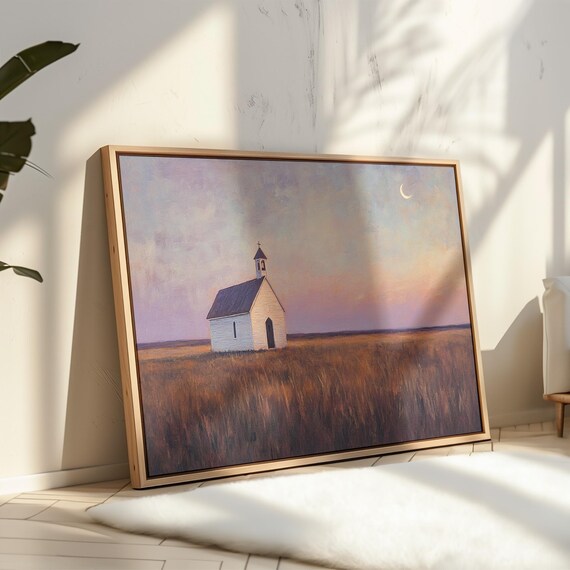 Country Church At Dusk Prairie Chapel Sunset Painting Poster
