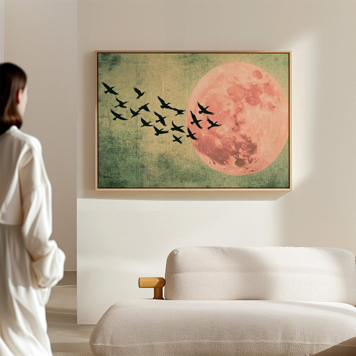 Pink Full Moon With Bird Flock Vintage Celestial Nature Poster - Image 5
