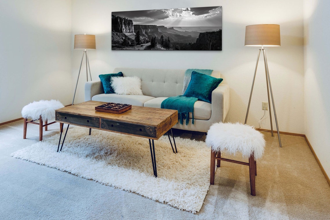 Panoramic Black White Canyon Sun Rays Dramatic Landscape Wall Art - Image 6