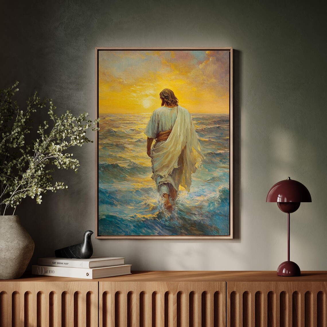 Jesus Walking On Waves At Sunrise Golden Christian Faith Art Poster - Image 3