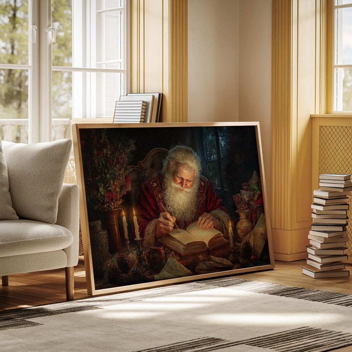 Santa Writing His List, Vintage Christmas Oil Painting