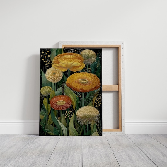 Golden Garden Blooms in Dark Midnight Black Night Canvas Wall Art