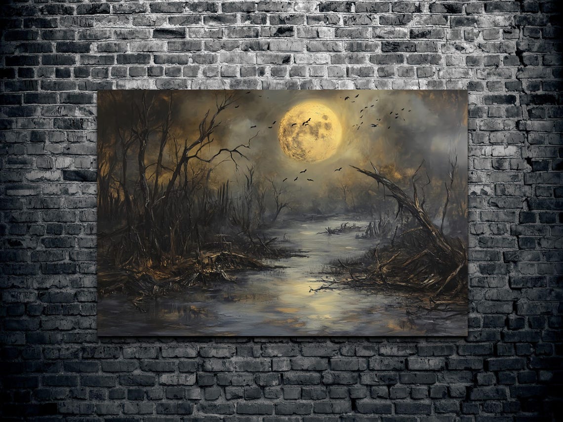 Golden Full Moon Over Spooky Swamp With Birds Gothic Halloween Poster - Image 2