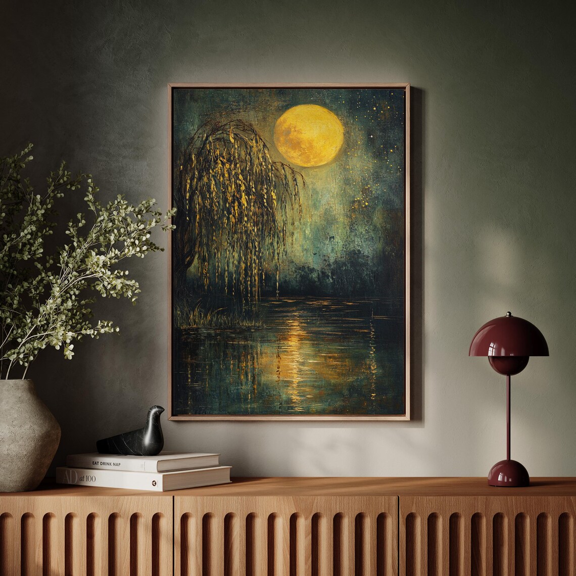 Moonlit Willow Reflection, Mystical Night Scene Art - Image 4
