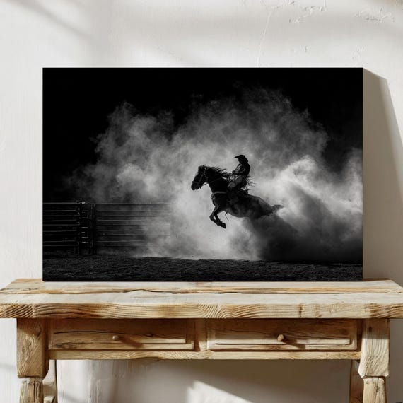 Rodeo Cowboy In Dust Dramatic Western Black And White Wall Art