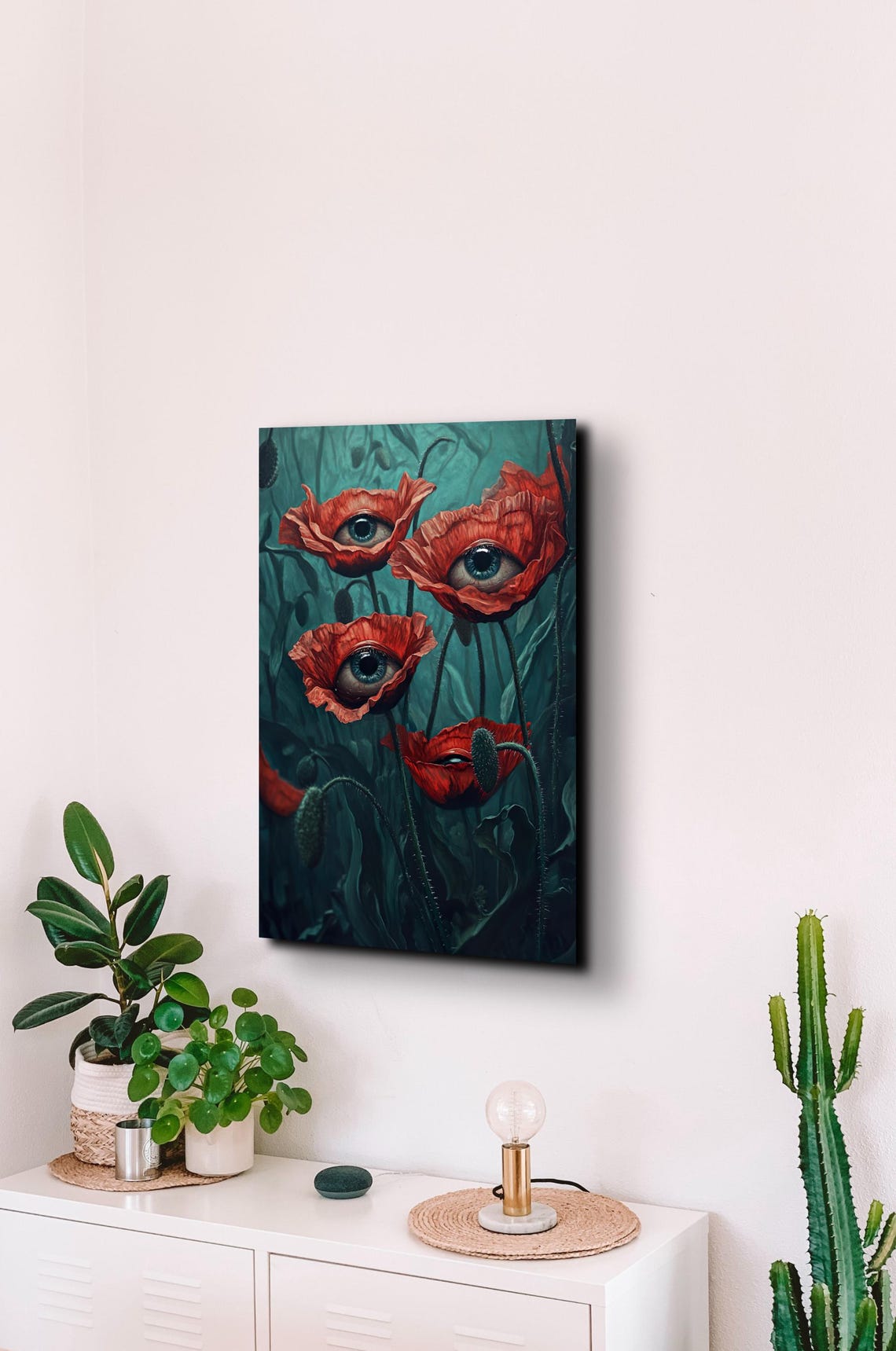 Watchful Eye Poppy Blooms Teal Surreal Botanical Horror Art Poster - Image 7