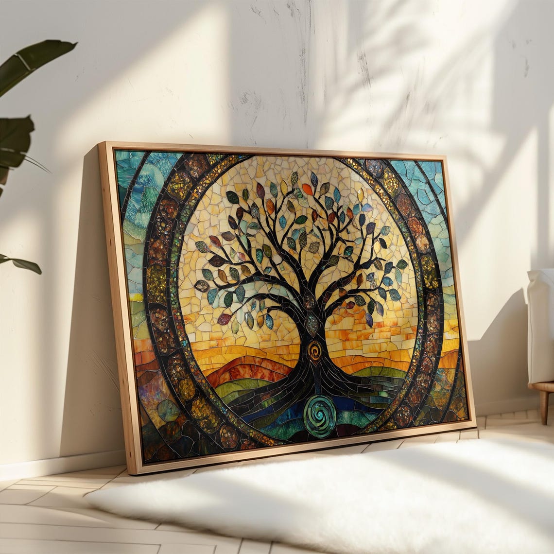 Stained Glass Tree Of Life Mosaic With Teal Border Sunset Poster - Image 7