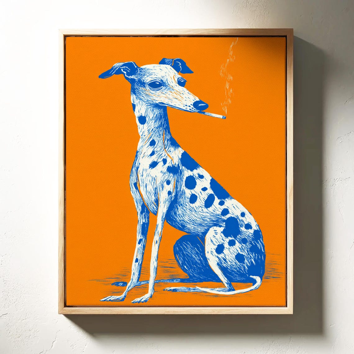 Blue Greyhound Illustration Poster With Bold Orange Pop Background