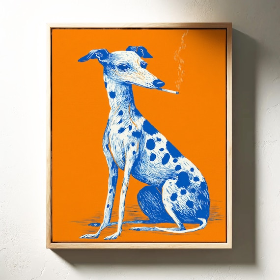 Blue Greyhound Illustration Poster With Bold Orange Pop Background