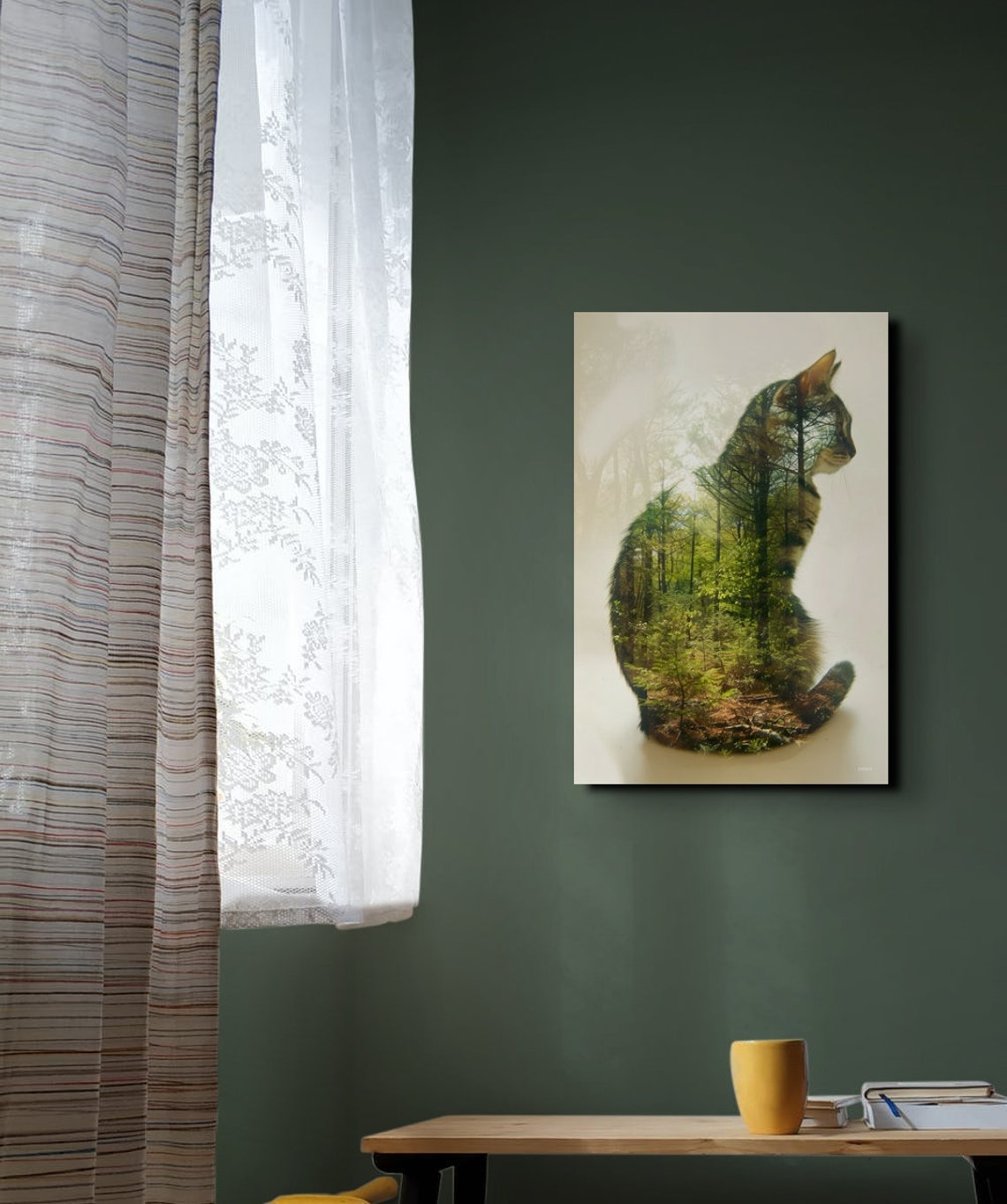 Cat and Forest Double Exposure Green Nature Silhouette Poster - Image 6