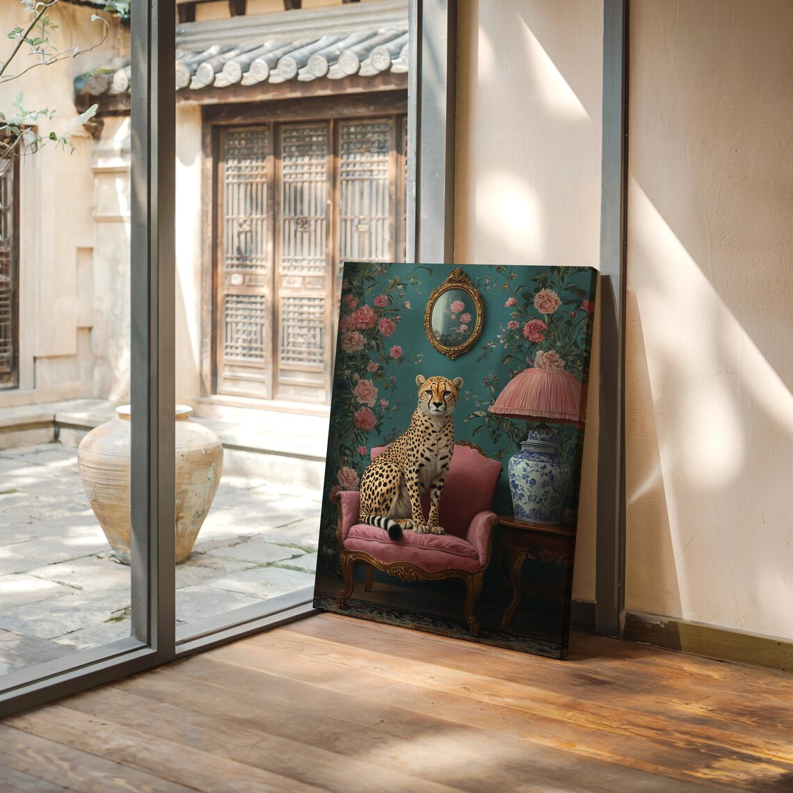 Elegant Cheetah On Pink Chair, Vintage Inspired Floral Room - Image 5